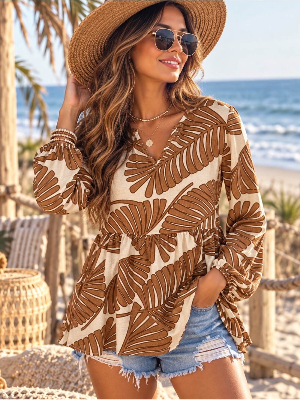 Boho Tropical Leaf Print Long Sleeve Babydoll Top Brown Cream